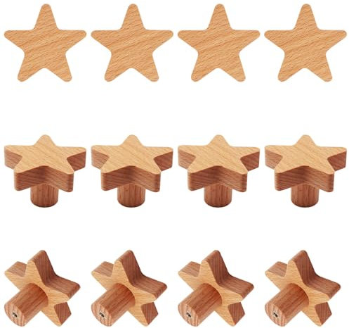 YuGtcen Schrankknäufe aus Holz, Sternform, für Kinderzimmer, Kommode, Waldtiere, Holzknauf zum Basteln, Griffe für Möbel, Schrank, Tür, 12 Stück