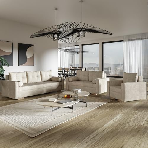 MOTIVENA Viena Sofagarnituren, Sofa Set 3 2 1 Wohnzimmer, Sofa 3 2 1 Set, Couch Set, Futon Set, Wohnzimmer Couch Set, Couch 3 2 1 Set, Taschenfederkern (H3), Samt Sofa Beige (Creme)