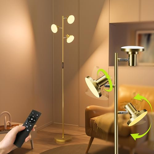 JACKYLED Stehlampe Wohnzimmer, 3-flammige LED Stehlampe, einzeln steuerbar mit Farb- und Helligkeitswechsel, Fernbedienung & Tastensteuerung, moderne Stehlampe für Büro & Schlafzimmer (Gold)