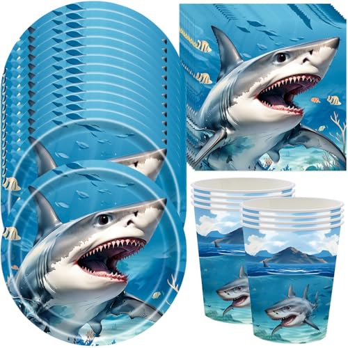 JAHEMU Hai Kindergeburtstag Deko Hai Partygeschirr Meerestier Geburtstagsdeko Shark Party Geschirr Set Haie Geschirr Geburtstag Pappbecher Pappteller Servietten 24 Personen