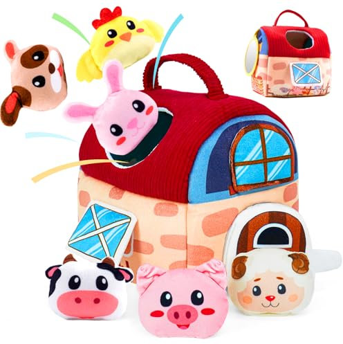 kidmance Montessori Baby Spielzeug ab 6 Monaten | Bauernhof-Sensorikspielzeug aus Baumwolle mit Scheune, Rassel, Tieren | Beruhigendes Spielzeug und Geschenk für Babys und Kleinkinder 6-24 Monate