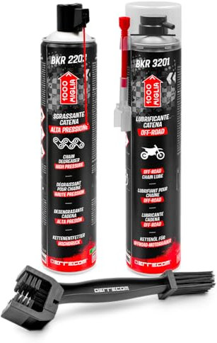 ERRECOM 1000 Miglia Clean&Lube Kit Cadena Moto Off-Road; Incluye Desengrasante Cadena Bote Alta Presión 750mL+ Lubricante Cadena Moto Todoterreno 500mL+ Huggie System y Extensión 90°+Cepillo+Guantes
