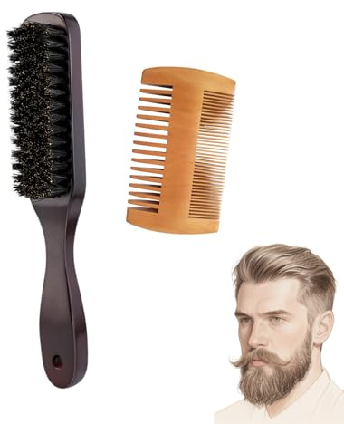 DOINEUFL Bartkamm-Bürsten-Set für Herren, Holz-Wildschweinborsten, Haarbürste und kleiner Schnurrbart, feiner Arbeitskamm inklusive, ideales Wikingergeschenk für Bartpflege, Haare und Friseur