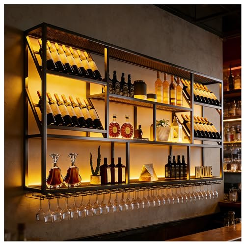 TAUODUYY 180cm Großes 3-Ebenen-Weinregal zur Wandmontage mit Glashalter | Schwarzes Wall Mounted Wine Rack Metall, Weinpareite Display Rack, Wein Display Regal, für Bar Küche Restaurant Zuhause