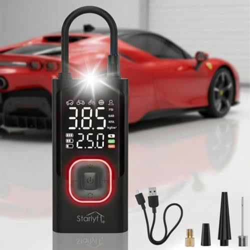 STARLYF Digilal Air Compressor, Portable -4000mAh- Cordless Rechargeable Tyre Inflator with Auto Shut-Off, Digital Air Pump for Car, Motorcycle, Bicycle, Scooters & Balls – Compact & Powerful