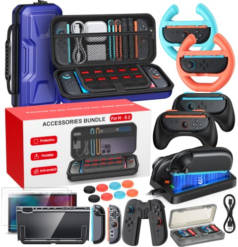 Switch 2 Unverzichtbares Zubehörpaket, 20-IN-1-Spieleset, Reisetasche, Switch 2 Controller Ladestation, Displayschutzfolie, Schutzhülle, Griffe für Joy Con 2 (Geschenkverpackung) (Blau)