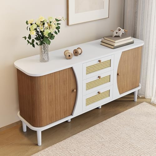 Bladez Sideboard mit Rattan, Walnuss Optik, Kommode mit Schiebetüren, Schubladen, Verstellbare Böden, Aufbewahrungsschrank für Wohnzimmer, Esszimmer und Flur (White + Particle Board)