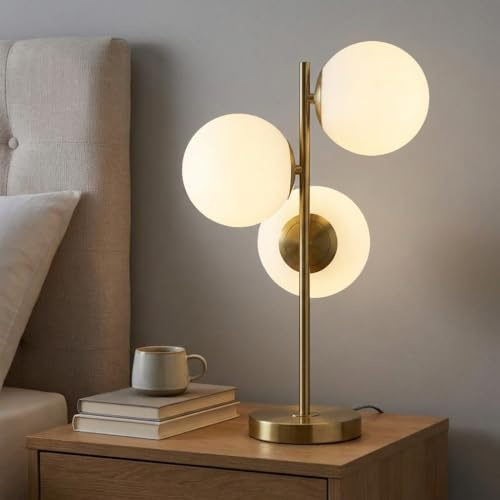 B·LED BARCELONA LED Tischlampe ROM mit dreifacher Opalglas-Kugel Ø15 cm, modernes Design aus gold, E27-Leuchtmitteln, ideal für Wohnzimmer, Schlafzimmer, Büro, Schreibtisch, Nachttisch und stilvolle