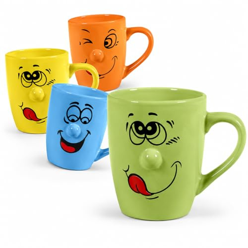 MAURY'S IL NUMERO UNO DEL RISPARMIO Set 4 Tazze da Colazione in Ceramica 315 ml – Tazze con Facce Divertenti e Manico per Latte, Tè, Cappuccino e Bevande Calde, Colori Assortiti, con Manico
