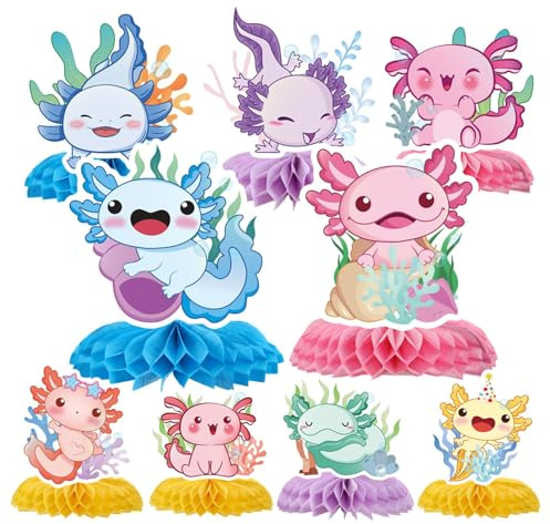 Bubaxuce Bunte Axolotl Geburtstag Dekorationen 9 Stück Axolotl Party Dekorationen Süße Pink Blaue Grüne Gelbe Tiere Waben Tischdekorationen Themenparty Festdekoration