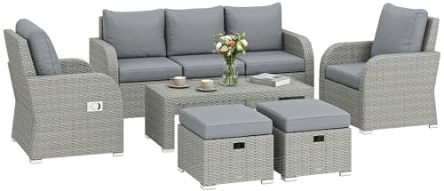 Outsunny 7 Seater Rattan Garden Furniture Set, 2 Reclining Chairs, 3 Seater Sofa, Coffee Table, Footstools, Space-Saving 6 Piece Outdoor Patio Furniture Conversation Set with Cushions, Dark Grey