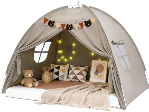 Kinderzelt Indoor Spielzelt Kinder Groß, 195 X 98 X 125 cm Kinderzimmer Spielhaus mit 2 Fenstern, Lichtkette & Fahnen, Maschinenwaschbar, für Spielzimmer, Party, Schneller Aufbau (Grau)