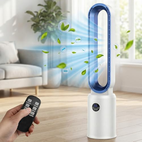 MoraRise Bladeless Tower Fan with Anion Air Purifier, 97cm Cooling Fan with Remote, 24 Speeds, 90° Oscillation, 12H Timer, Ultra-Quiet Floor Fan for Home Office Bedroom (White/Blue)
