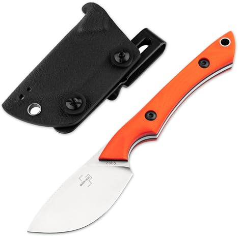BÖKER PLUS® M.U.K. Orange - Skinner Messer feststehend für Jäger mit Kydexscheide & Gürtelclip - Outdoor Neck Knife 42a konform - Fulltang EDC Messer klein für Camping mit 6 cm Sandvik Klinge