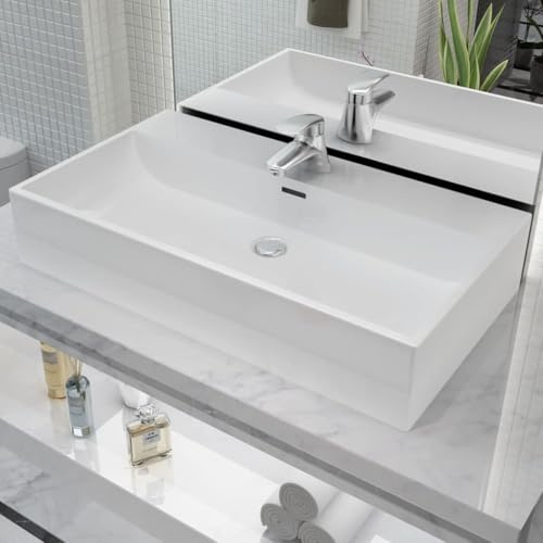 Waschbecken Keramik Weiß 76x42,5x14,5 cm mit Hahnloch und Überlauf, Aufsatzwaschbecken für Badezimmer, Gäste-WC, modernes Design, einfach zu montieren, Sanitäranlage, Waschtisch Zubehör