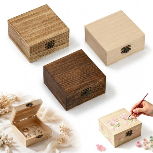 Kisstta 3 Stück Kleine Holzkiste mit Deckel & Verschluss, 10x10x5 cm Unbemalte Natur Holzbox, Mini Aufbewahrungsbox für Schmuck, DIY Handwerk, Geschenke & Erinnerungen