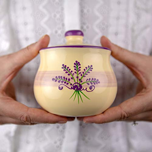 City to Cottage Handcrafted Cream Lavender Floral Ceramic Sugar Bowl and Dispenser with Lid, 10oz, Countertop Condiment Pot