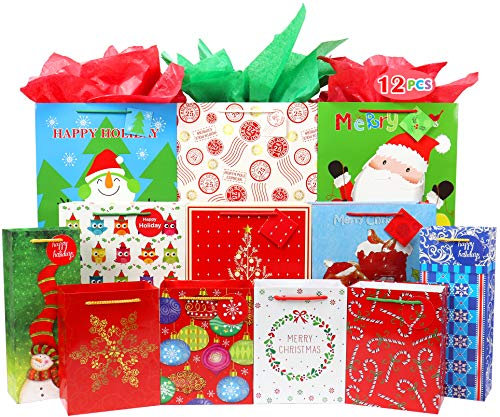 FZOPO Christmas Bags Bulk Set includes 3 Extra Large 3 Large 4 Medium 2 Bottle with Ribbon Handles Christmas Print Gift Bags Assorted Sizes for Kids Girls Boys Women Men (12 Designs)
