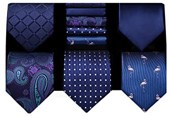 HISDERN Navy Blau Krawatten Set für Herren Lot 5 Stück Seide Krawatte und Einstecktuch Klassische Hochzeit Seidenkrawatte Taschentuch mit Geschenkbox