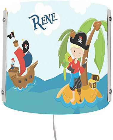 CreaDesign Kinderzimmer Wandlampe personalisiert mit Namen, E14, ideal als Nachtlicht/Schlummerlicht, Lampen Motiv Pirat nah