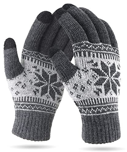 VENI MASEE Weihnachten Frauen Männer Snowprint Keep Warm Strickwolle Touch Screen Handschuhe - Damen Dunkelgrau,20cm