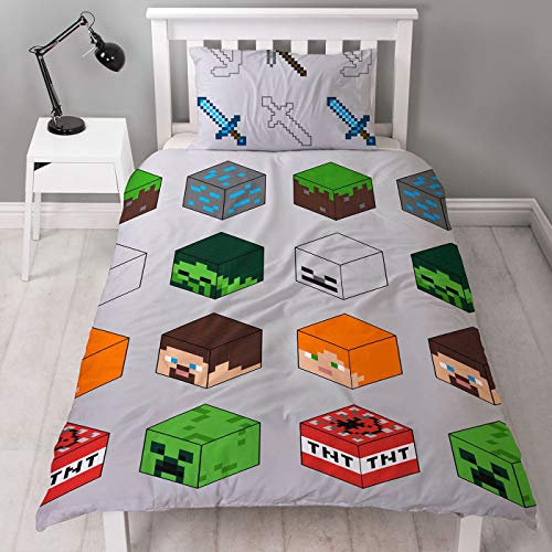 Minecraft Pixel edredón para Cama Individual, diseño Reversible de Dos Caras y TNT con Funda de Almohada a Juego, poliéster, Color Verde