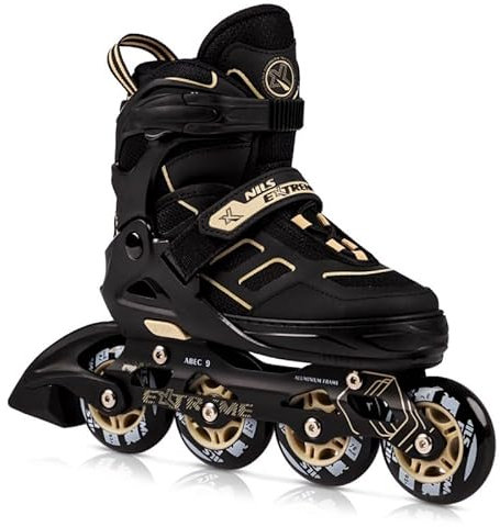 Nils Extreme Inliner für Erwachsene und Kinder - Inline Skates Mädchen und Jungen - ABEC9 Kugellager - Inliner Damen und Herren - Rollerskates Größenverstellbar 31-34 - Schwarz Beige - NA14174