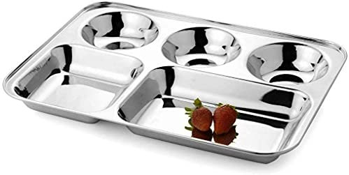 Stainless Steel Rectangular Thali Plate, 5 compartment Thali Mess Trays, Kids Lunch and Dinner or Every Day Use