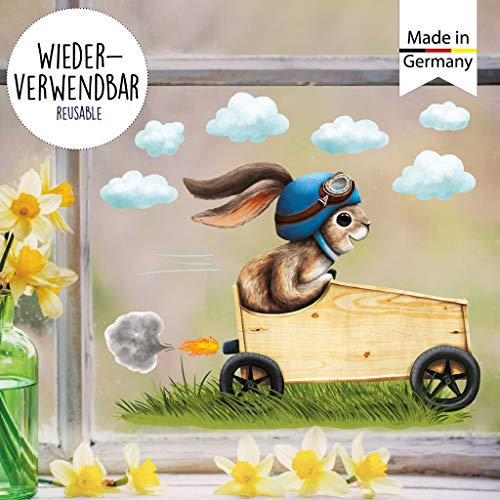 Wandtattoo Loft Fensterbilder Frühling Selbstklebend Hase im Seifenkiste Motiv, blau – A4 Bogen, Wiederverwendbar – Deko Frühling, Frühlingsbild Fenster, Fensterdeko Frühling, Fensterbild Ostern