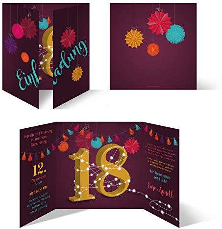 Kartenmachen.de Individuelle Geburtstagseinladungen zum 18. Geburtstag personalisierte Einladungskarten ab 10 bis 100 Stück selbst gestalten Quadrat 155x155mm Altarfalz - Girlande