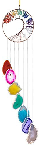 SUNYIK Baum des Lebens Achatscheibe, handgefertigtes Windspiel mit 7 Chakra-Steinen, Heilkristall, Windspiel für Innen- und Außendekoration, 71,1 - 76,2 cm, 7 Chakren