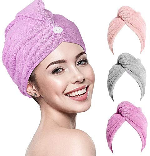 RIGHTWELL Haarturban Handtuch 3 Pack Mikrofaser Handtuch Haare, Turban Handtuch mit Knopf, Kopftuch Handtuch, Schnelltrocknend Mikrofaser Handtuch für Kopf und Lange Haare