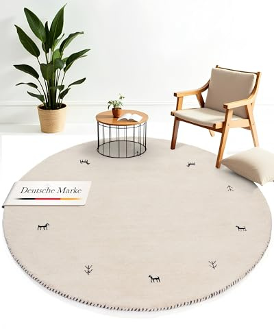 carpetfine Wollteppich Gabbeh Uni Rund Weiß Ø 250 | Moderner Teppich für Wohn- und Schlafzimmer