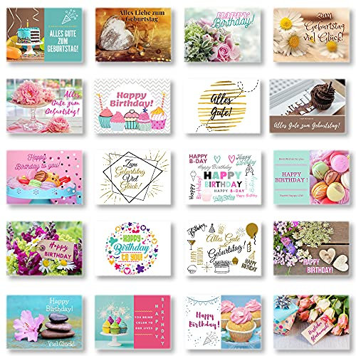 Domelo Geburtstagskarten 20er Set mit Umschlag, Happy Birthday Postkarten, Kraftpapier Karten zum Geburtstag, Geburtstagskarte für Mann/Frau/Kinder, Postkarte als Grußkarten (Set 4)