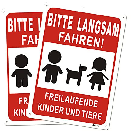 2 Stück Verlangsamungsschild, Kinder und Haustiere beim Spielen, Aluminium Metallschild für den Außenbereich, Verkehrszeichen, 25 x 35 cm