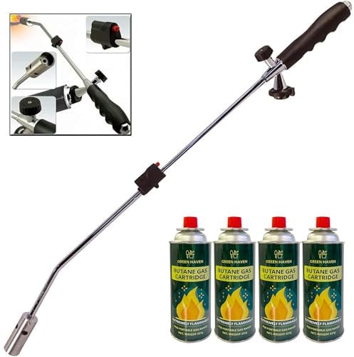 GREEN HAVEN Weed Burner with 4 Butane Gas Canister - Auto Ignition, Adjustable Flame Butane Weed Burner, Flame Thrower for Weeds Wand Burner for Driveways & Patios