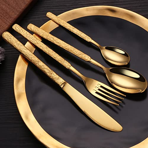ESSONIO Besteck Set, Besteckset 12 Personen Besteck Gold Griff aus Stein Luxus-Besteck-Sets Edelstahl Spiegelpoliertes Elegantes Tafelbesteck für Home/Wichtige Abendessen (12 Satz mit 48 Stück)