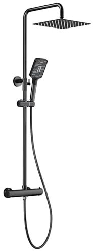 Rainsworth Duschsystem mit Thermostat Schwarz, 25 * 25cm Quadratisch Regendusche Edelstahl, Duscharmatur Komplettset, Regendusche mit Armatur, 3 Strahlarten Duschkopf, 92-126 cm Duschstangen