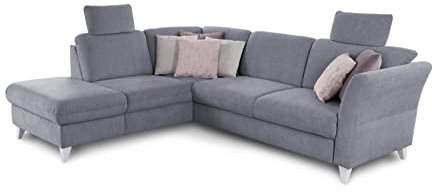 CAVADORE Schlafsofa Trend / Skandinavische Eckcouch mit Federkern, Bettfunktion, Stauraum in der Ottomane und 2 Kopfstützen / 249 x 86 x 162 / Chenille, Hellblau