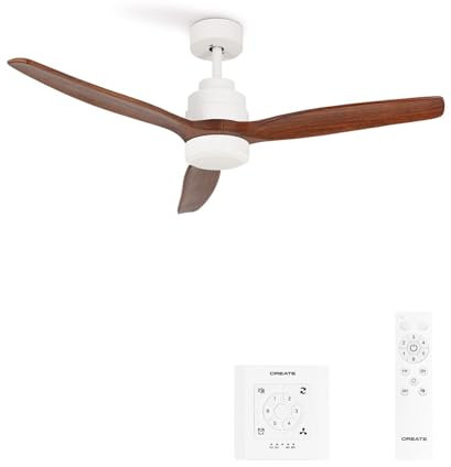 CREATE / WINDSTYLANCE DC/Ventilador de techo blanco aspas madera oscura con controlador y mando / 40W, Silencioso, Ø132 cm, 6 velocidades, temporizador, verano-invierno, doble altura, motor DC