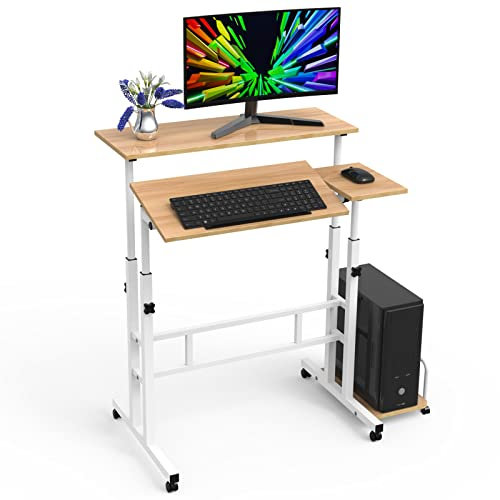 Stehpult Höhenverstellbar Schreibtisch,Mobiler Stehtisch mit neigbar Tischplatte Stand Up Desk Store Rollbare Höhenverstellbare Zwei Ebenen Stehtisch Computerarbeitsplatz (Holzfarbe)