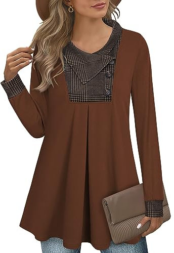 Vafoly Langärm Damen Tunika Tops, Tunika Pullover für Frauen Damen Bluse für Leggings Warmes Cowl Neck Sweater Schmeichelhafter Kontrast Pullover Damen Plaid Bequeme Sweatshirts Kaffee Hahnentritt L
