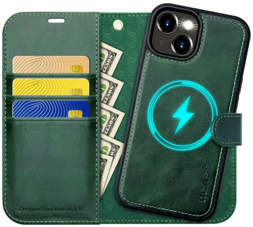 OCASE Custodia iPhone 15 Rimovibile 2 in 1, Custodia a Portafoglio con Blocco RFID, Supporto Stand, Antiurto, Verde Scuro