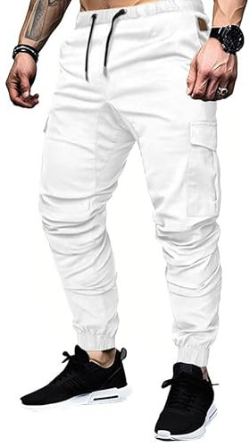 Elegancity Cargohose Herren Weiß Chino Hose mit 6 Taschen Cargo Hose Stretch Jogginghose für Männer mit Bundgummi Elastische Hosen M