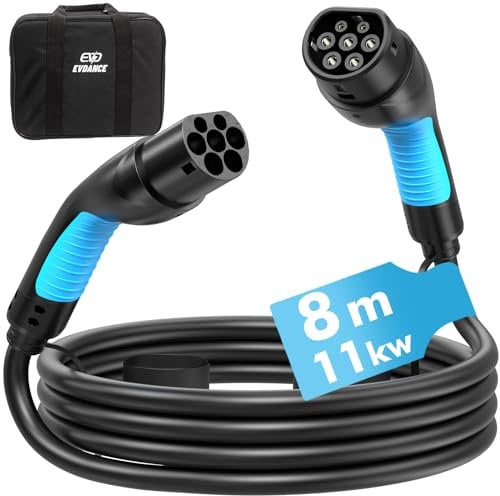 EVDANCE Typ 2 Ladekabel | 11kW | 16A | 8m | 3-Phasig | Typ 2 auf Typ 2 | mit Tasche für E Auto EV/PHEV, Kompatibel mit i3, ID.3, ID.4, E-Tron und Anderen PHEV/EV