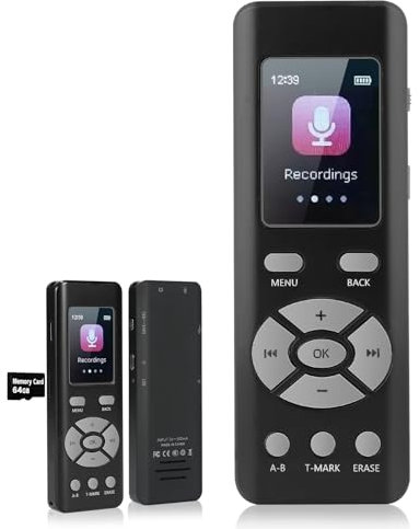 64GB Digital Voice Recorder, Voice Recorder Device with Playback, A-B Repeat and MP3 Player, Small Audio Recorder for Lecture,Meetings,Class, Recording Monitoring, Password Protection