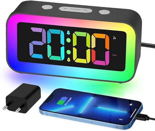 Sveglia digitale, Colori RGB Sveglia Digitale da Comodino,Doppio Allarme con Giorno/Giorni Della Settimana/Fine Settimana/Snooze/Dimmerabile,Controllo Vocale,12/24h,USB Ricaricare,per Soggiorno,Camera