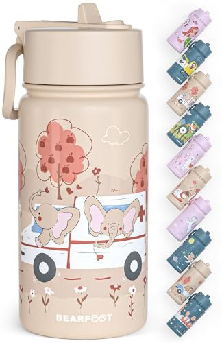 BEARFOOT Trinkflasche Kinder Edelstahl mit Strohhalm - Thermosflasche 400ml - BPA frei - auslaufsicher - Kleinkinder, Mädchen & Jungen Wasserflasche für Schule, Kindergarten (Beige - Elefanten)