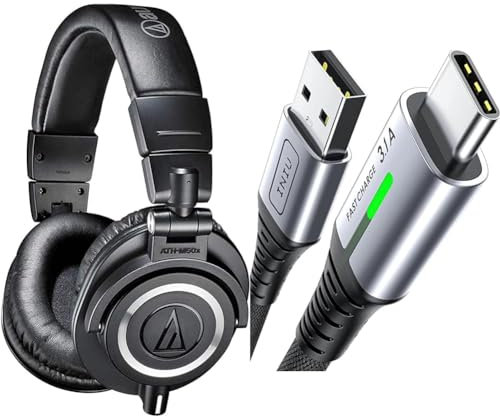 Audio-Technica M50x Professional Monitor Headphones Black & INIU USB C Charger Cable 2m 3.1A Type C Cable Fast Charging, Braided USB A to USB-C Phone Charger