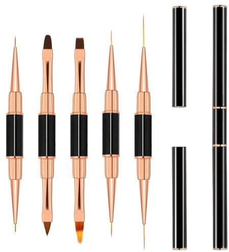 Qianyu 5 Pack Nail Art Brushes Metal Handle Dualended Nail Pen Size 5/7/9/11/15/20mm for Professional Nail Art Design Long Thin Line Detail Stripe Brush Adapt Nail Polish Drawing Design